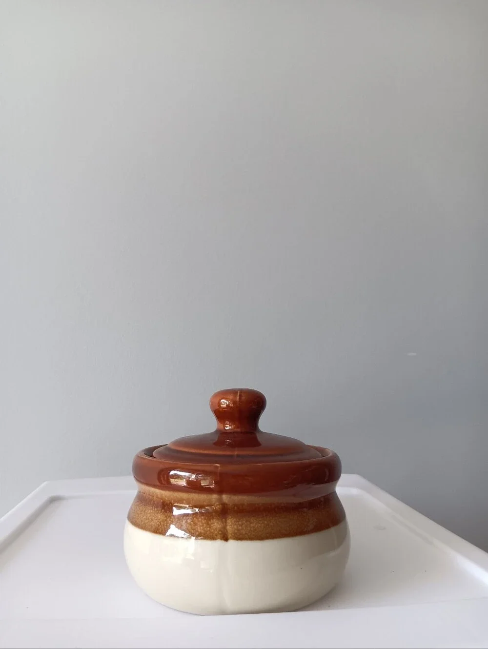 Vintage Handled Ceramic Crock French Onion Soup Bowl & Lid Made in Japan Brown